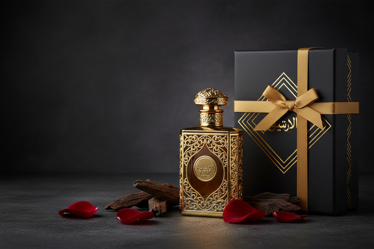 Coffret et flacons de parfums orientaux présentés comme idées cadeaux
