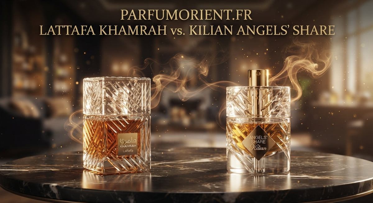 Illustration comparative de Lattafa Khamrah et Kilian Angels’ Share, deux flacons sur une table sombre dans une lumière dorée.