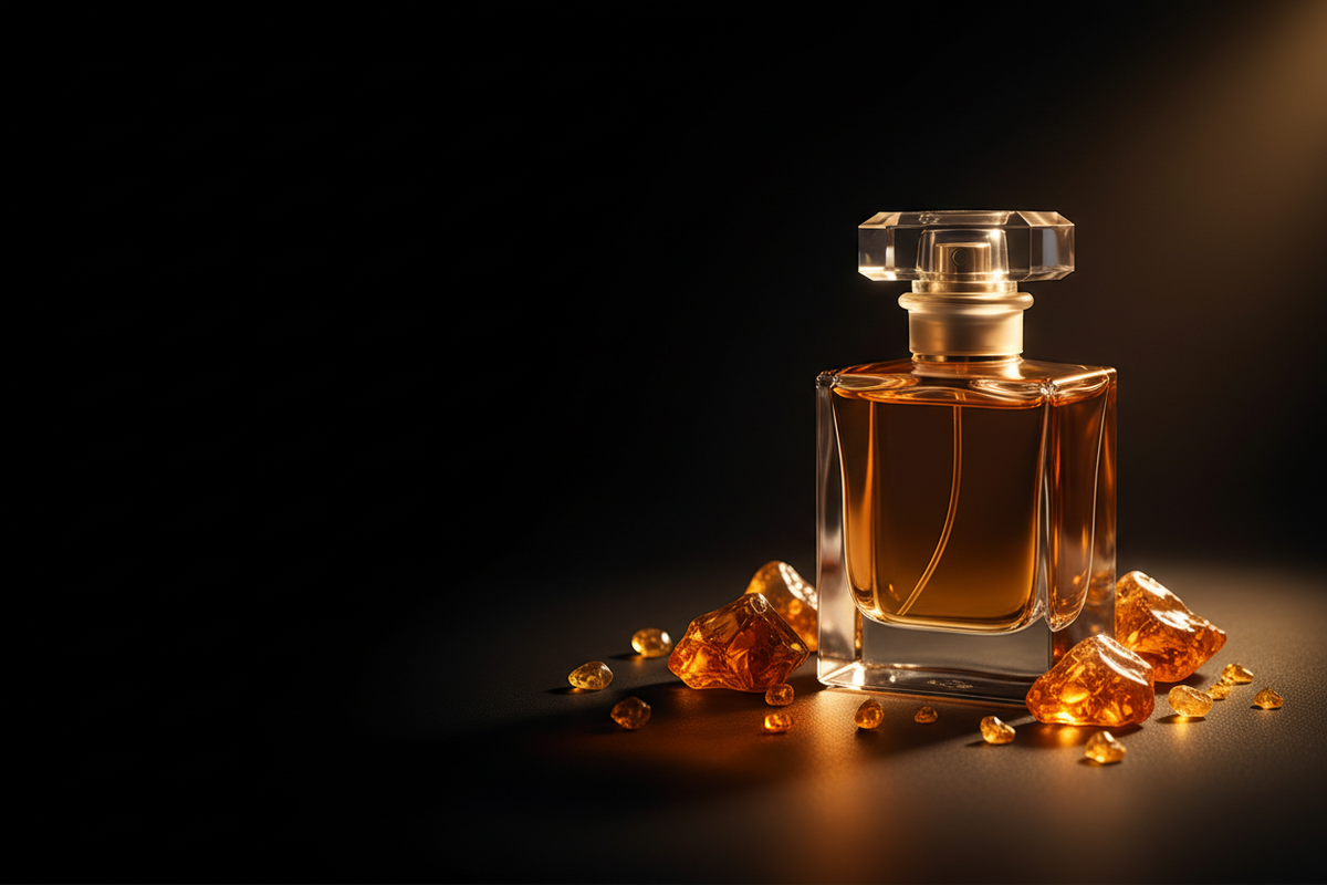 Résines ambrées et flacon de parfum sur fond noir