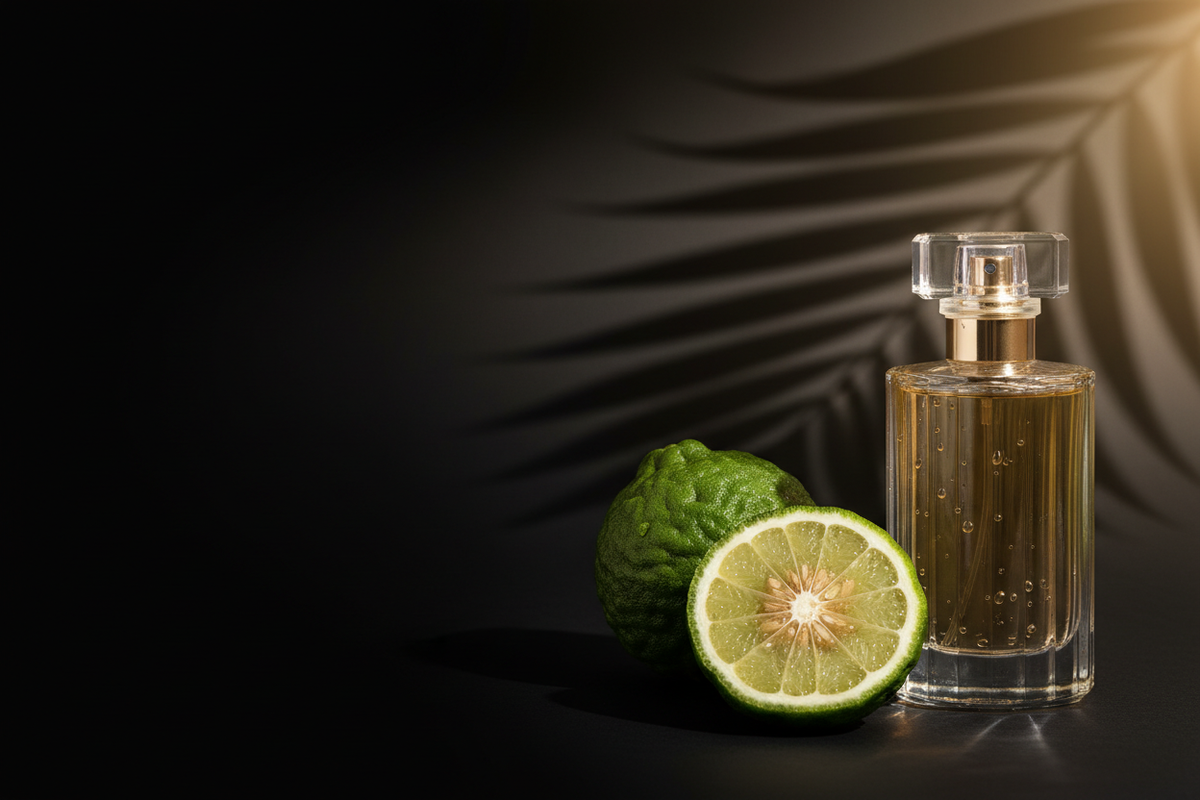 Flacon de parfum arabe présenté dans une ambiance estivale lumineuse
