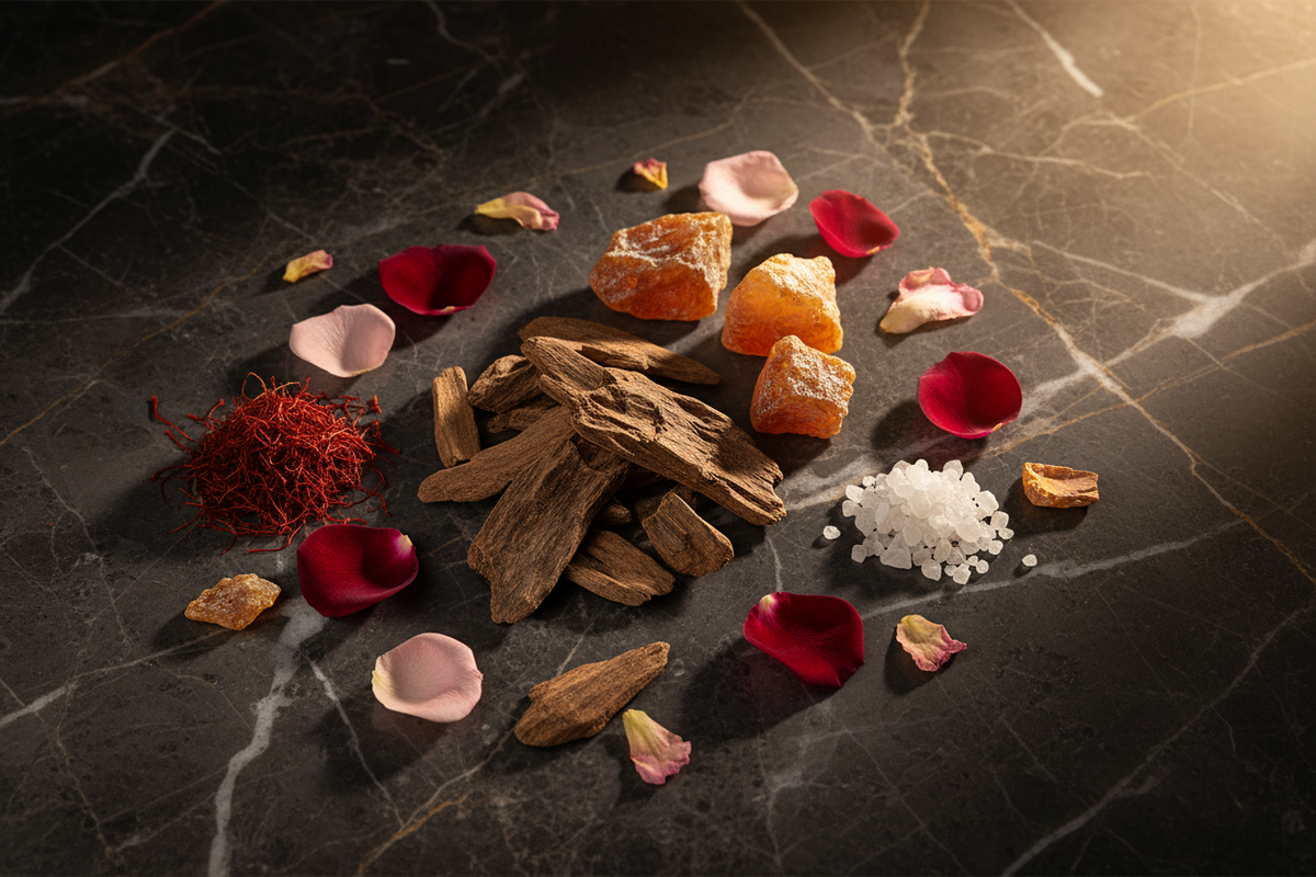 Oud, rose, safran et résines illustrant les ingrédients de la parfumerie orientale