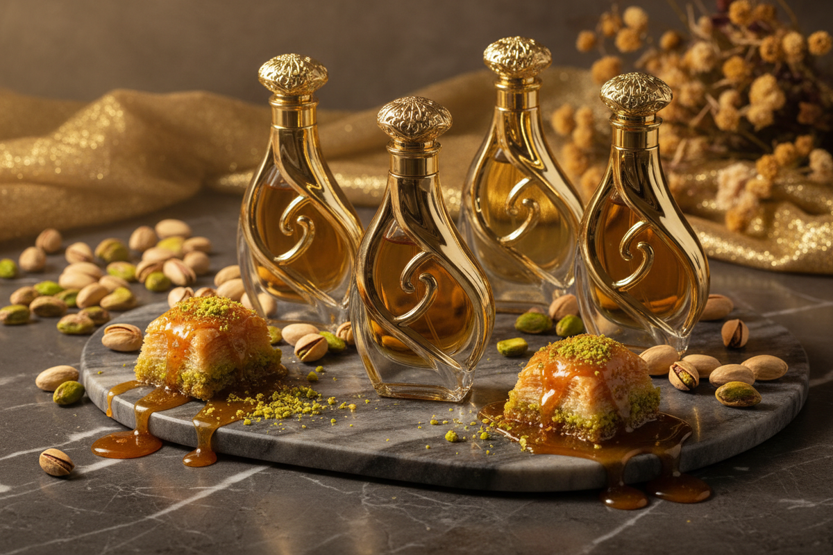 Flacon de parfum gourmand entouré de pistaches et de notes pralinées
