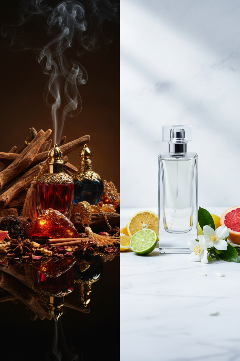 Comparaison de deux styles de flacons de parfum oriental et occidental