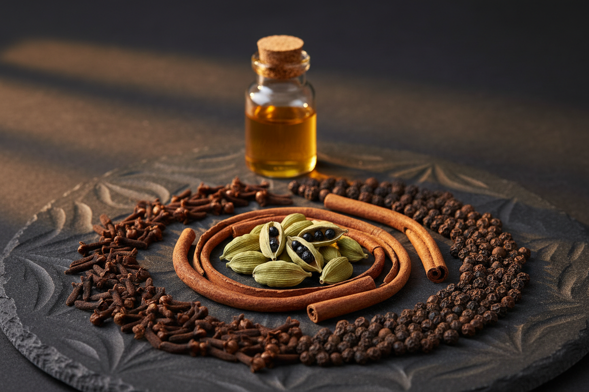 Cardamome, cannelle, girofle et poivres en parfumerie orientale : profils, extraction et usages