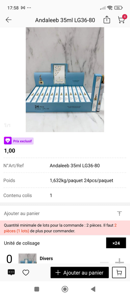 Andaleeb Lattafa 35ml – présentation boîte complète 24 pièces