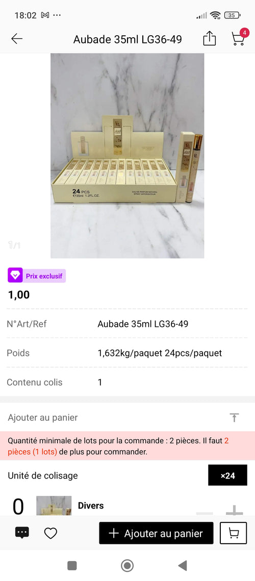 Aubade Lattafa 35ml – présentation boîte complète 24 pièces