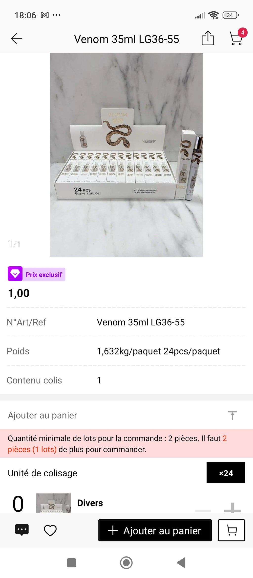 Venom Lattafa 35ml – présentation boîte complète 24 pièces