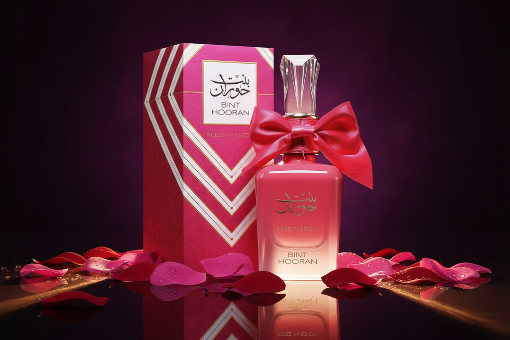 Bint Hooran Rose Passion 100ml – flacon et boîte fond sombre