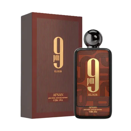 Afnan 9PM Elixir Parfum Intense 100ml – flacon brun Art Déco gravé bouchon sphérique noir coffret brun tabac