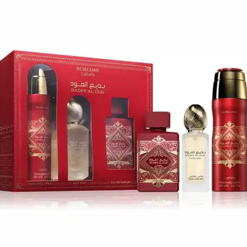 Coffret Badee Al Oud Lattafa parfum oriental oud rouge femme cadeau