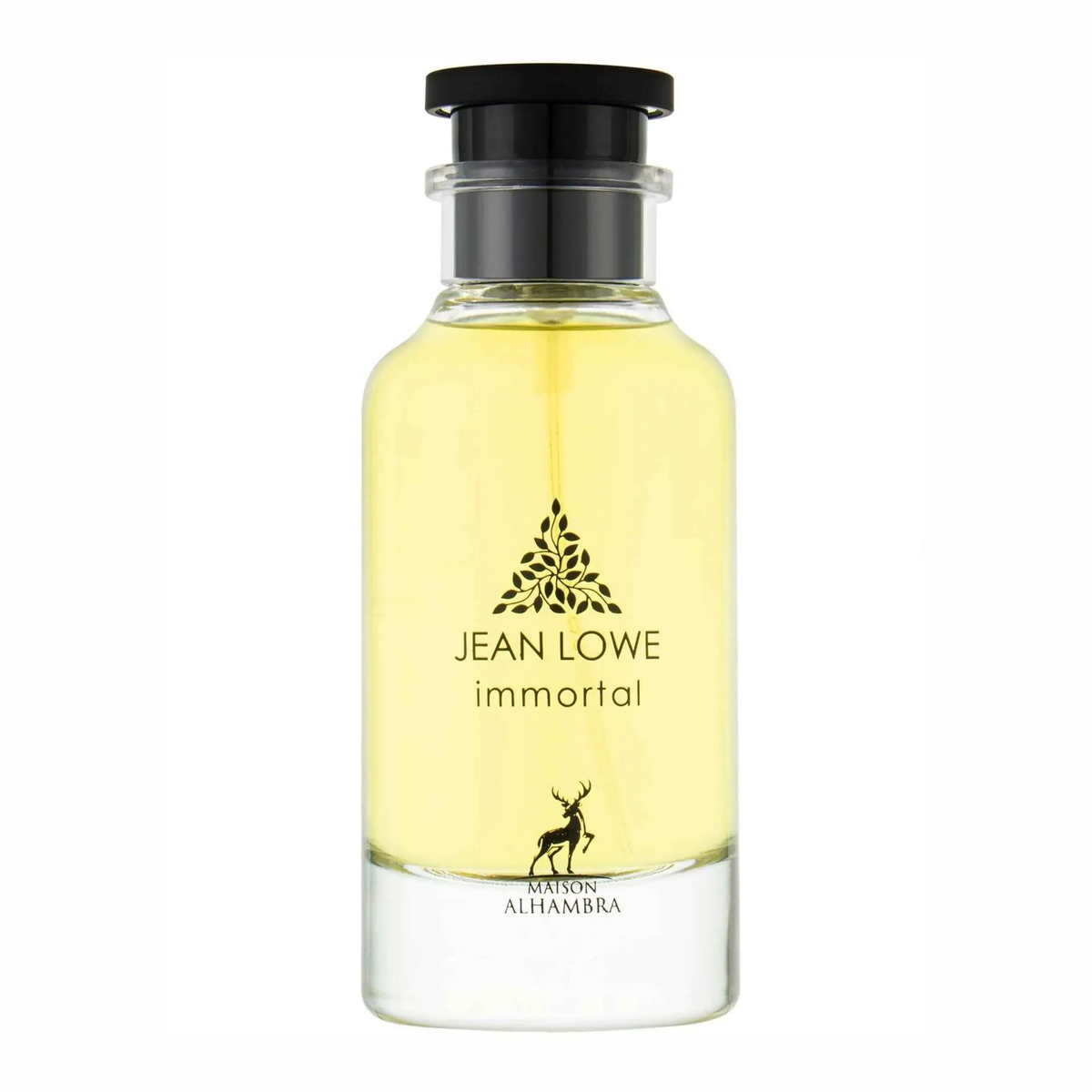 Maison Alhambra Jean Lowe Immortal EDP 100ml – flacon transparent verre jus jaune paille bouchon noir logo botanique triangulaire