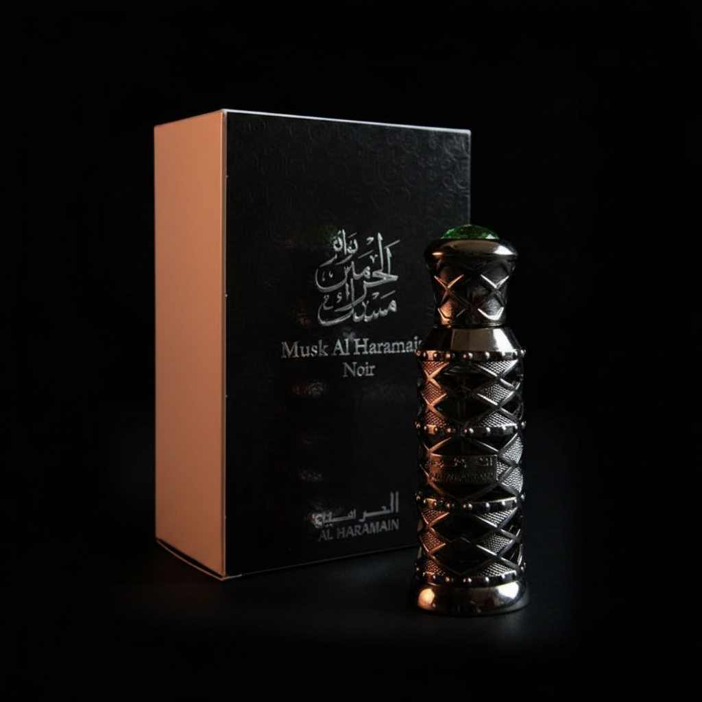 Musk Al Haramain Noir photo luxe fond sombre