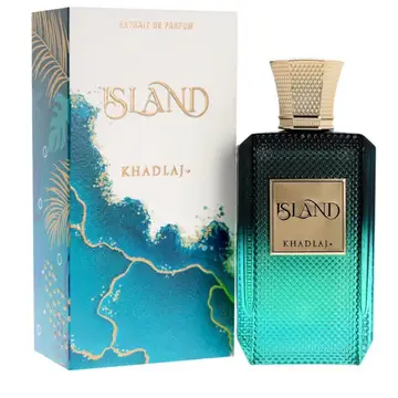 Khadlaj Island Extrait de Parfum 100ml – flacon turquoise guilloché bouchon doré coffret blanc aquarelle tropicale