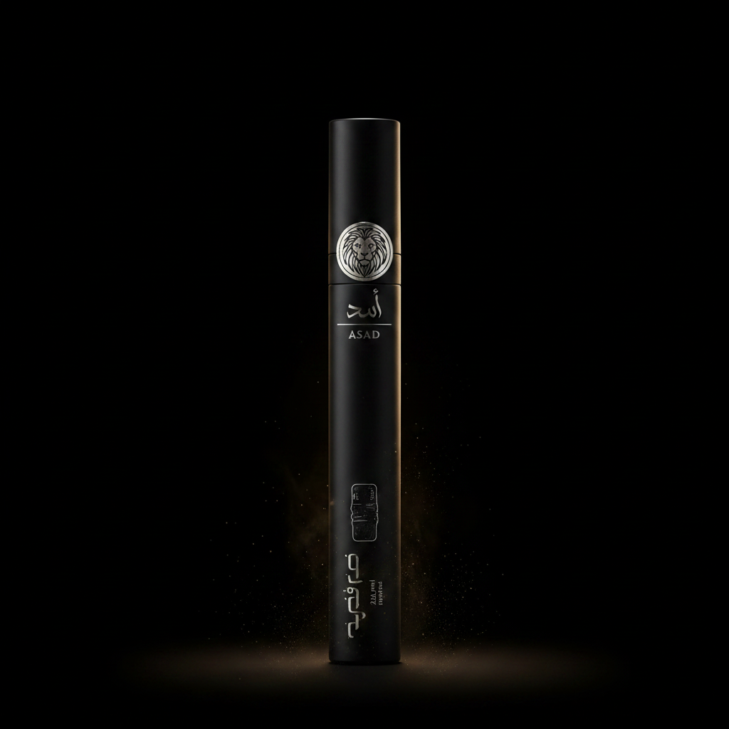 Asad Elixir Lattafa Eau de Parfum 35ml flacon stylo noir mat médaillon lion argenté