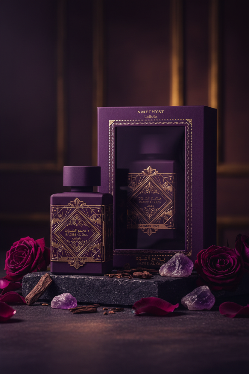 Lattafa Badee Al Oud Amethyst - Photo éditoriale luxe