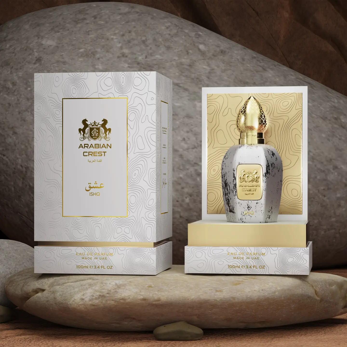 Arabian Crest Ishq 100ml - Flacon blanc marbré et or, Made in UAE