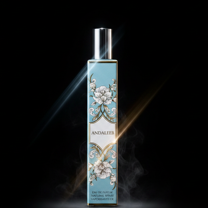 Andaleeb Lattafa Eau de Parfum 35ml flacon stylo bleu ciel et blanc illustration florale