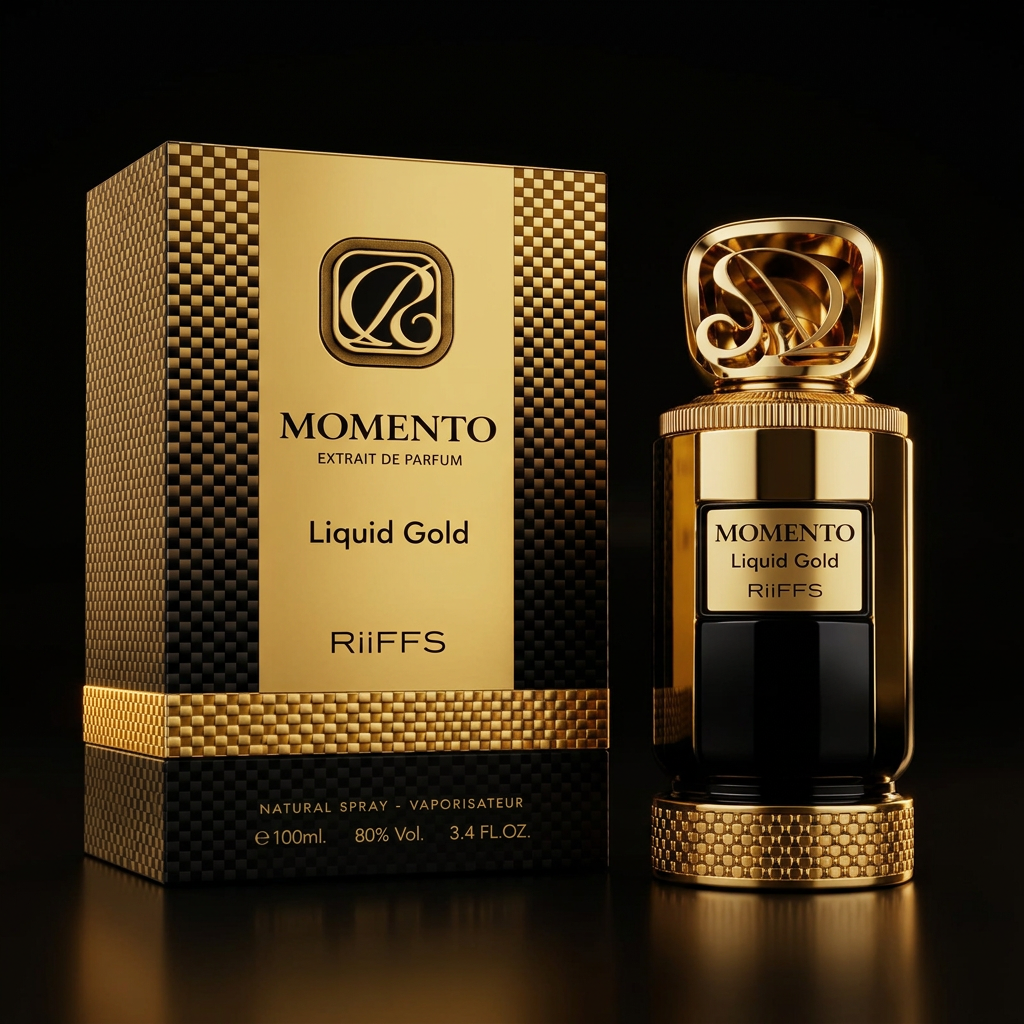 Flacon Riiffs Momento Liquid Gold extrait de parfum unisexe 100 ml avec coffret, parfum oriental safran rose caramel