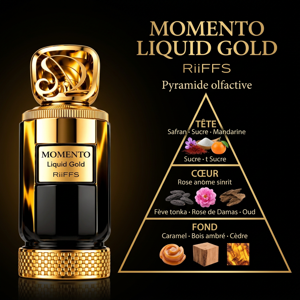 Pyramide olfactive Riiffs Momento Liquid Gold : safran, rose de Damas, oud, caramel et cèdre