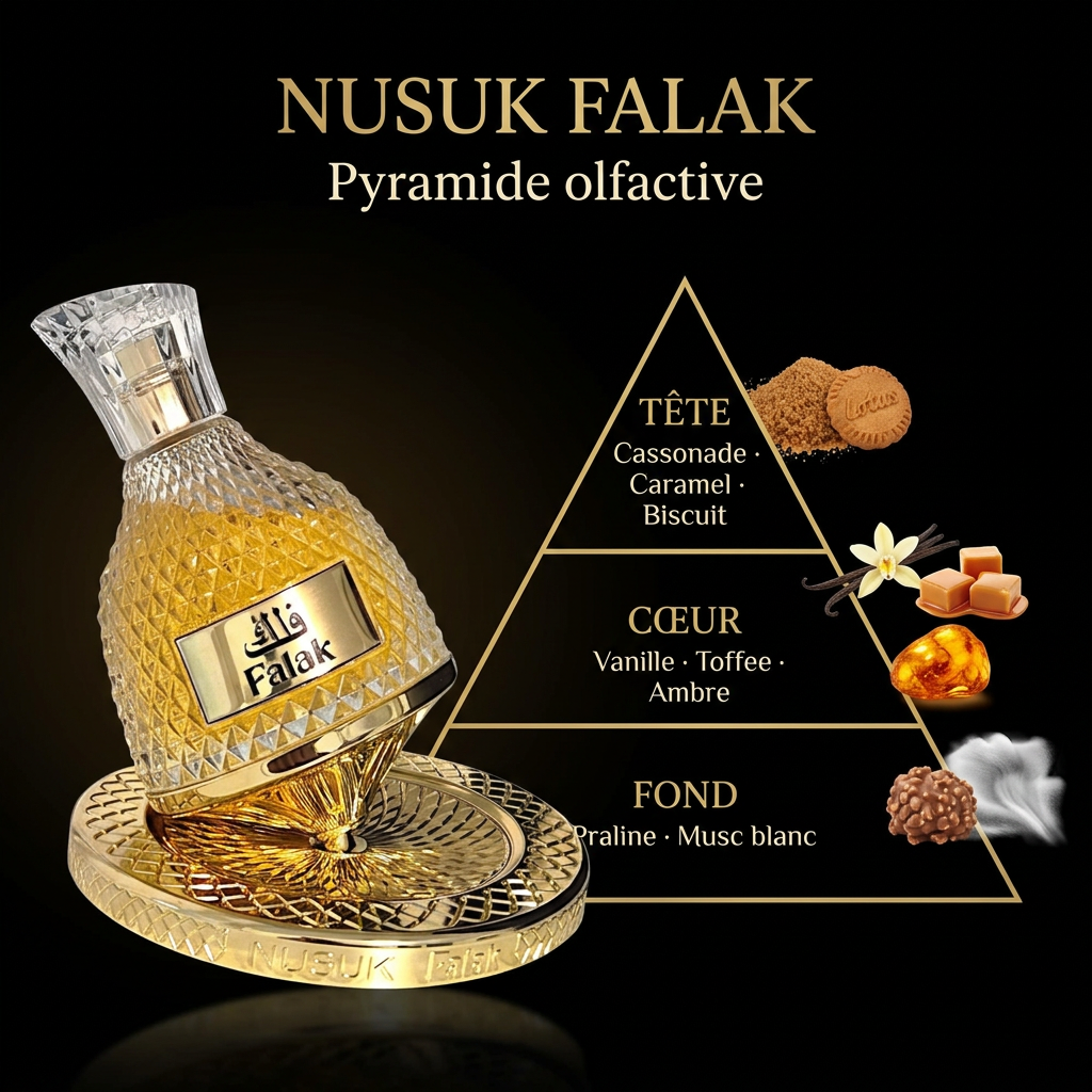 Pyramide olfactive Nusuk Falak : caramel, vanille, praliné et musc blanc