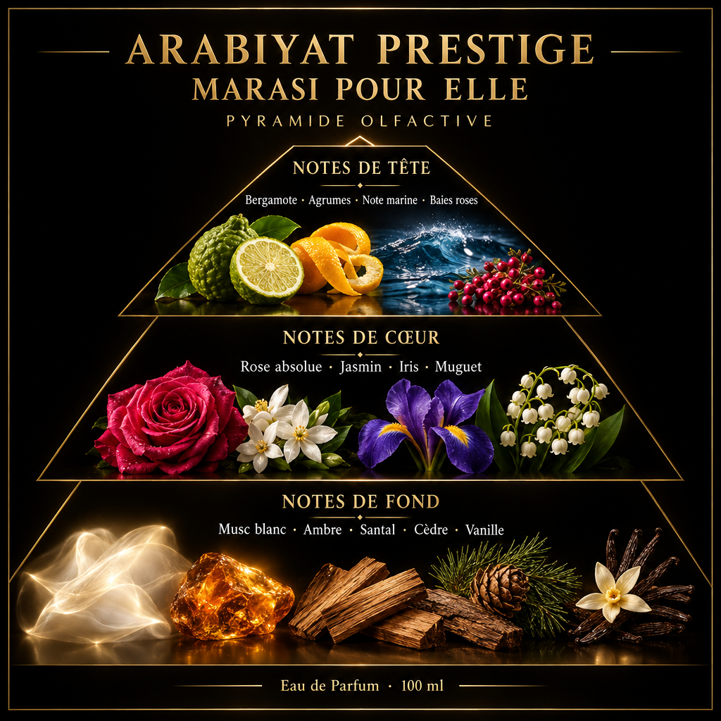 Pyramide olfactive de Arabiyat Prestige Marasi Pour Elle – notes de tête, de cœur et de fond
