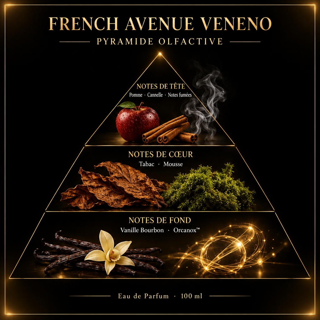 Pyramide olfactive de French Avenue Veneno – notes de tête, de cœur et de fond