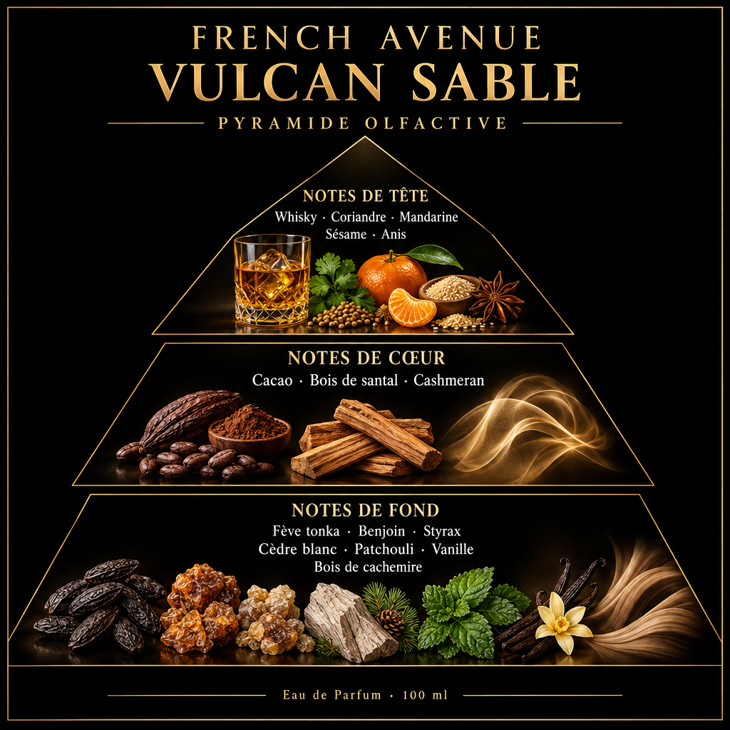 Pyramide olfactive de French Avenue Vulcan Sable – notes de tête, de cœur et de fond