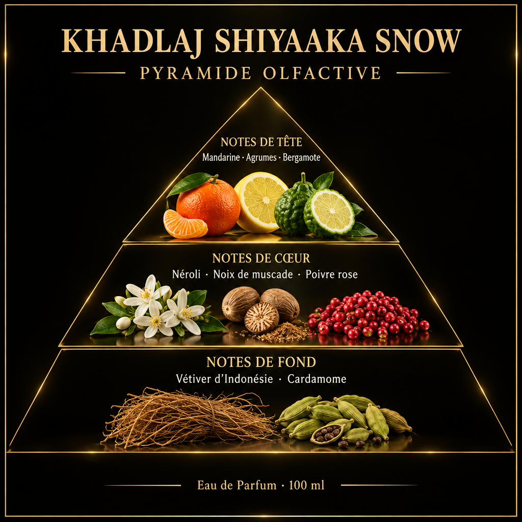 Pyramide olfactive de Khadlaj Shiyaaka Snow – notes de tête, de cœur et de fond
