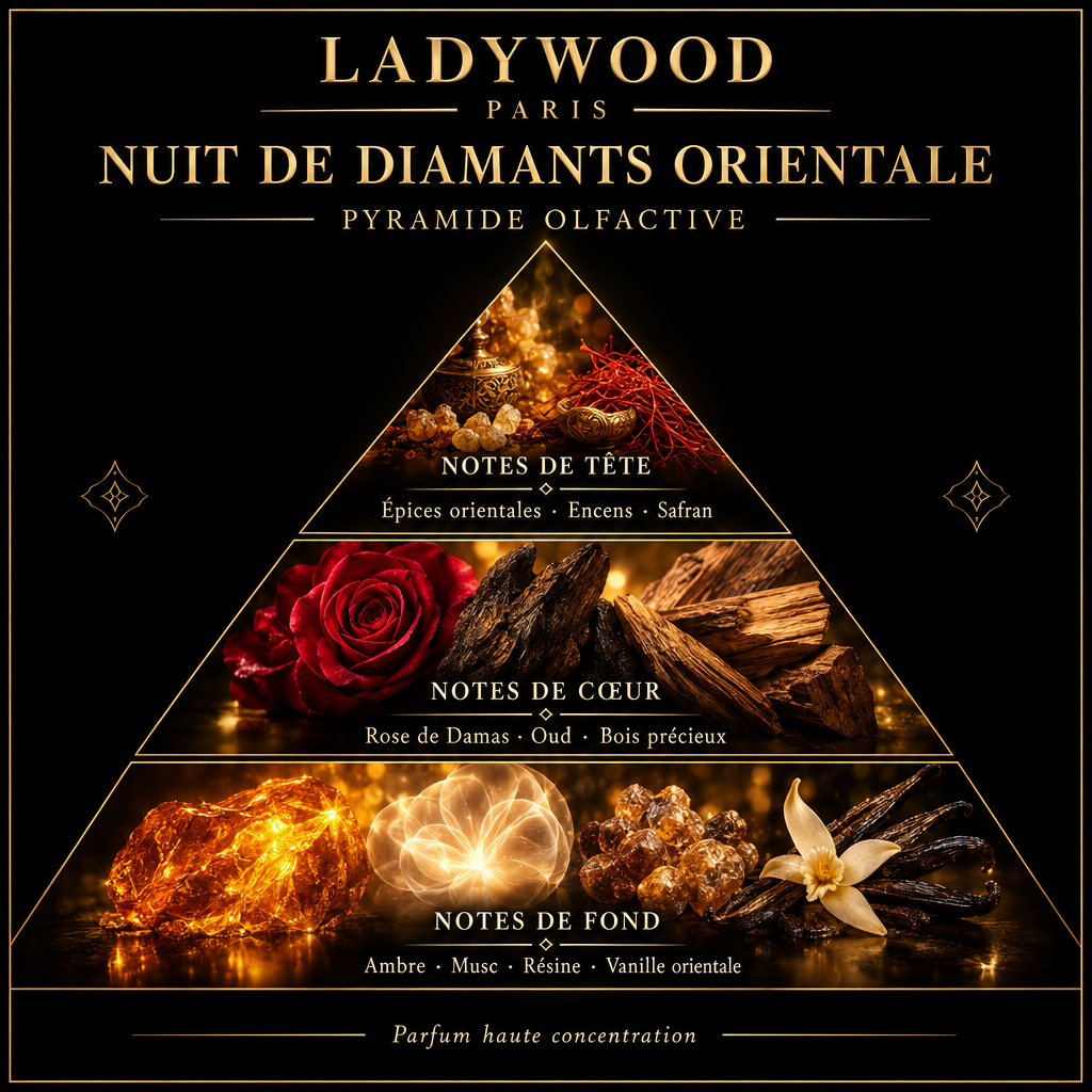 Pyramide olfactive de Ladywood Paris Nuit de Diamants Orientale – notes de tête, de cœur et de fond