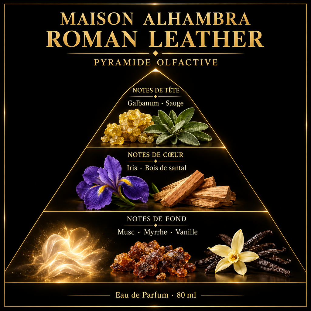 Pyramide olfactive de Maison Alhambra Roman Leather – notes de tête, de cœur et de fond