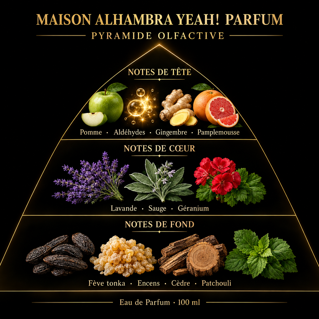 Pyramide olfactive de Maison Alhambra Yeah! Parfum – notes de tête, de cœur et de fond