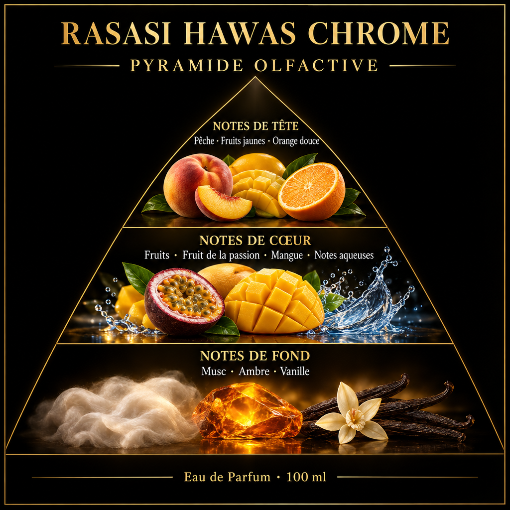 Pyramide olfactive de Rasasi Hawas Chrome – notes de tête, de cœur et de fond