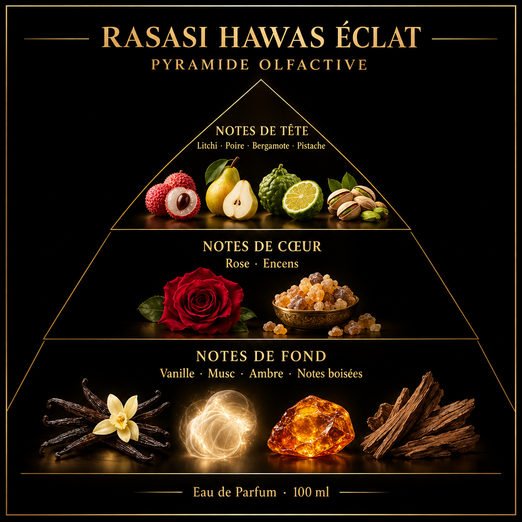 Pyramide olfactive de Rasasi Hawas Éclat – notes de tête, de cœur et de fond