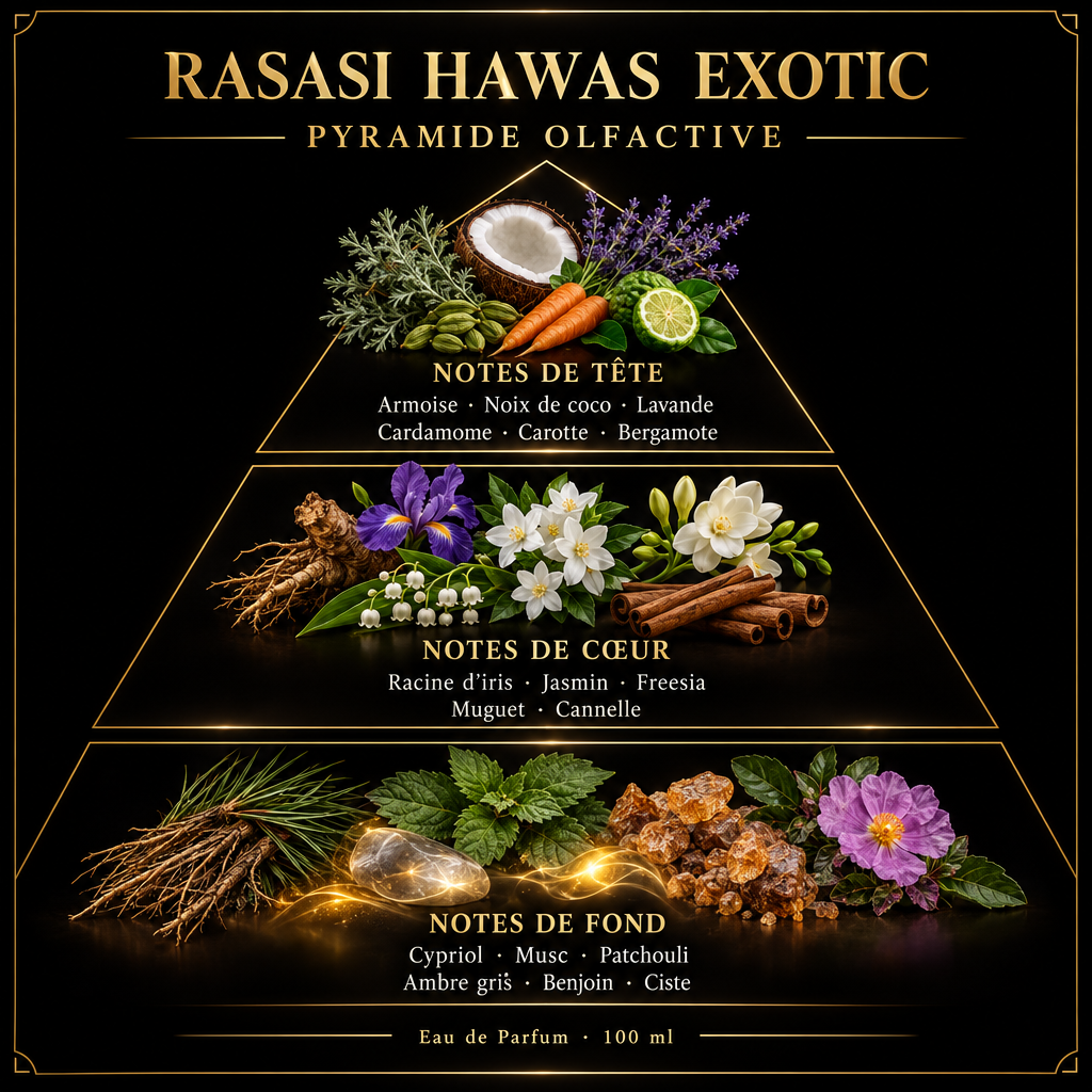 Pyramide olfactive de Rasasi Hawas Exotic – notes de tête, de cœur et de fond