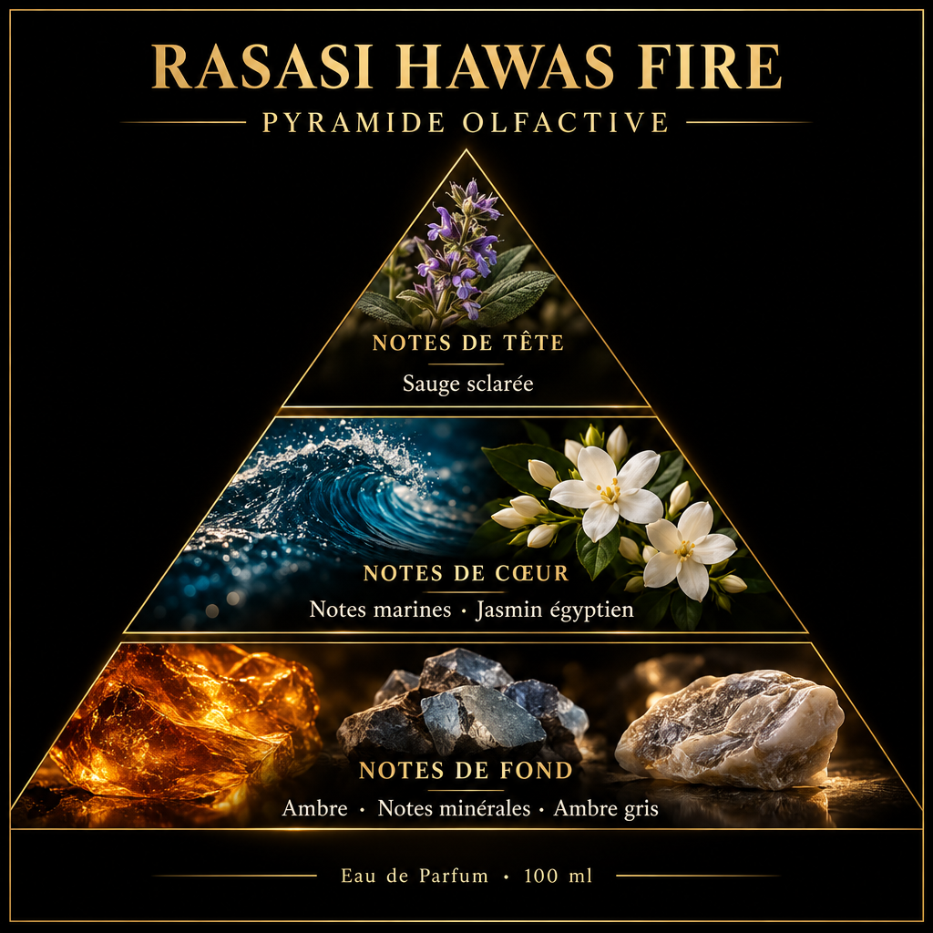 Pyramide olfactive de Rasasi Hawas Fire – notes de tête, de cœur et de fond