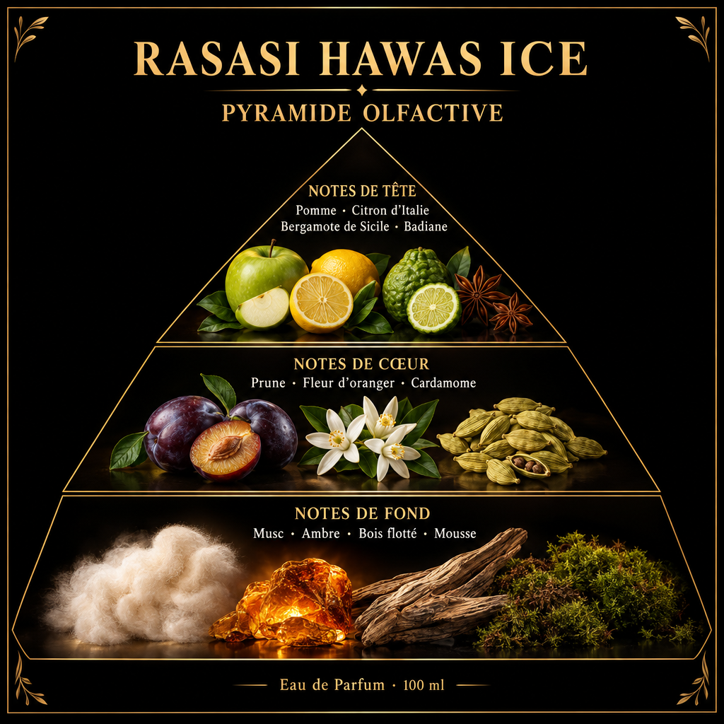 Pyramide olfactive de Rasasi Hawas Ice – notes de tête, de cœur et de fond