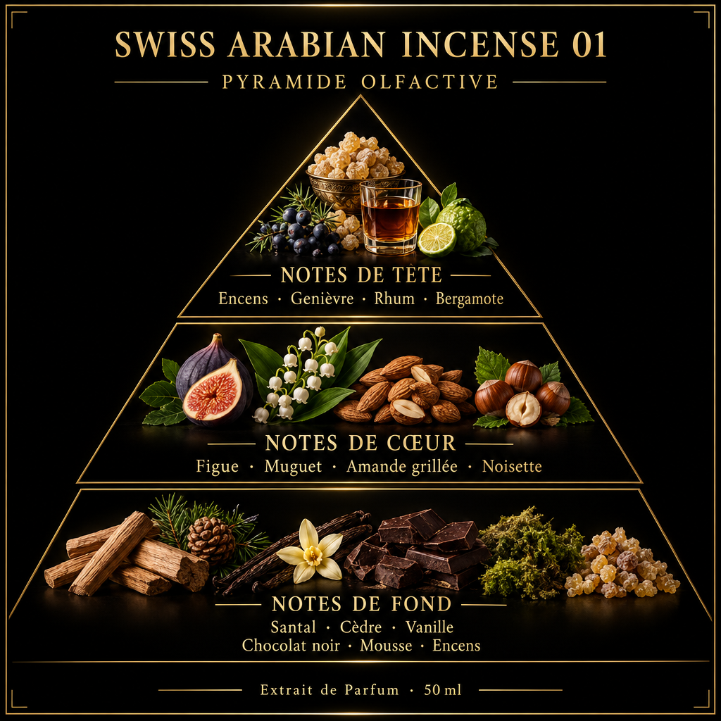 Pyramide olfactive de Swiss Arabian Incense 01 – notes de tête, de cœur et de fond