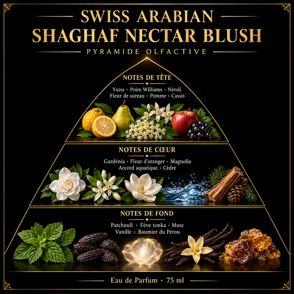 Pyramide olfactive de Swiss Arabian Shaghaf Nectar Blush – notes de tête, de cœur et de fond