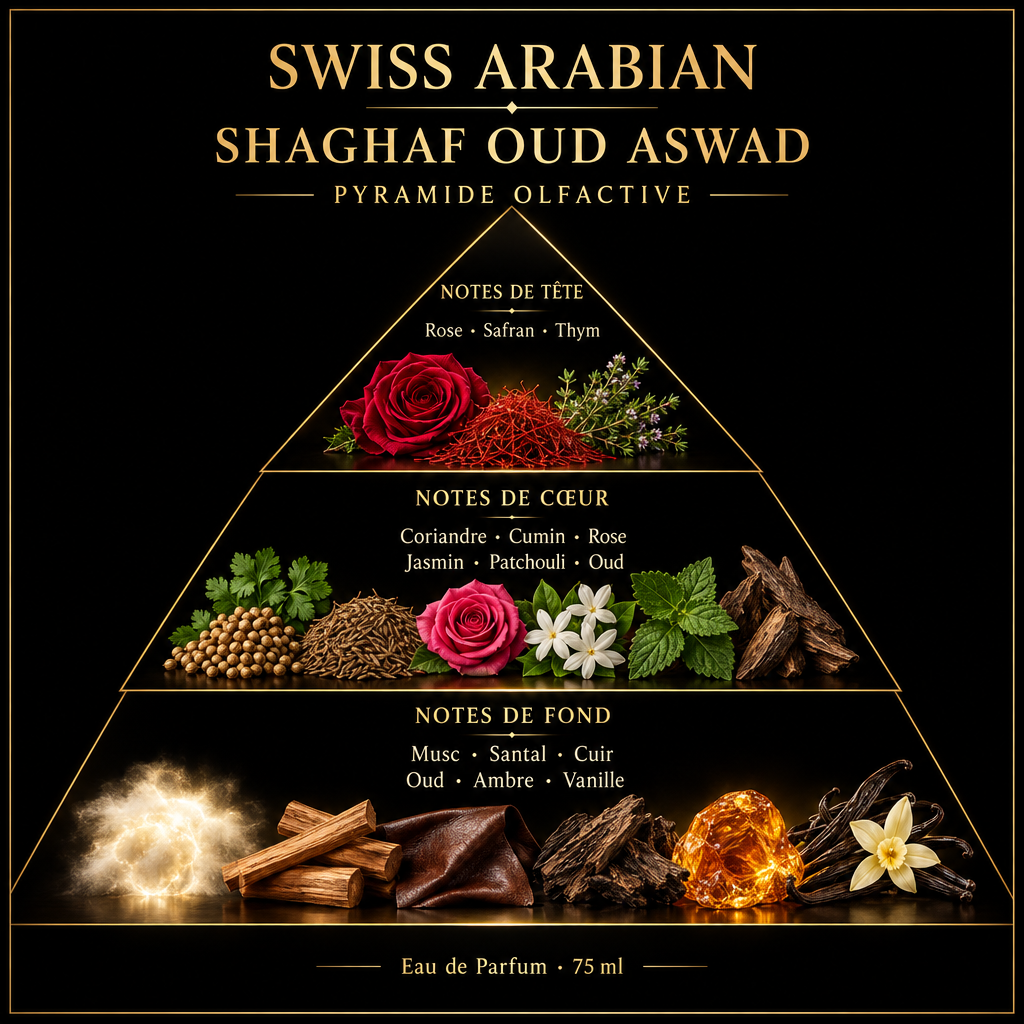 Pyramide olfactive de Swiss Arabian Shaghaf Oud Aswad – notes de tête, de cœur et de fond