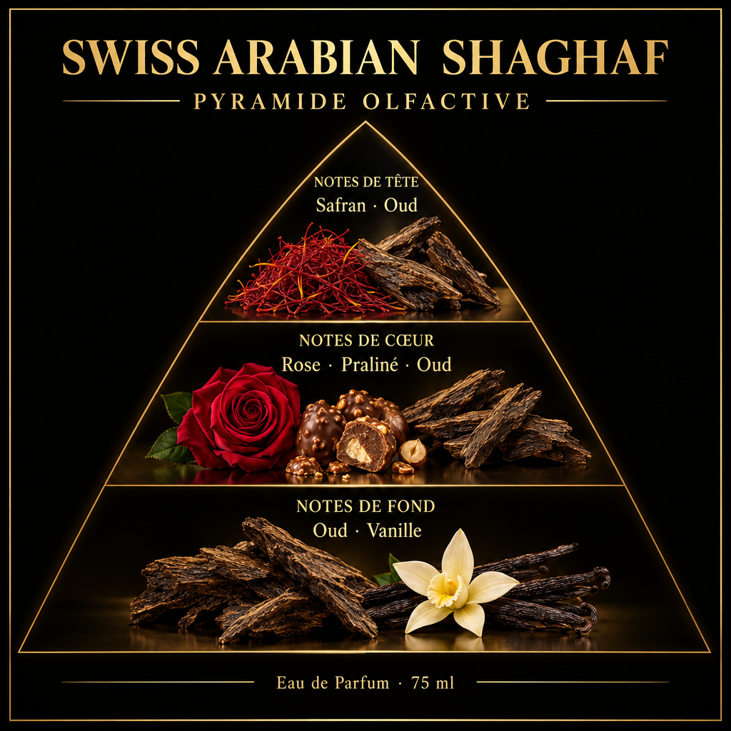 Pyramide olfactive de Swiss Arabian Shaghaf – notes de tête, de cœur et de fond