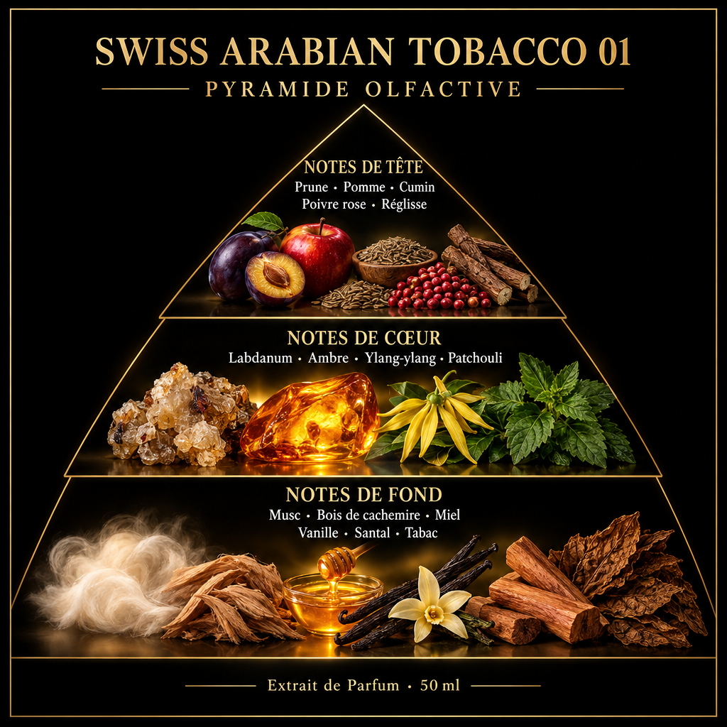 Pyramide olfactive de Swiss Arabian Tobacco 01 – notes de tête, de cœur et de fond