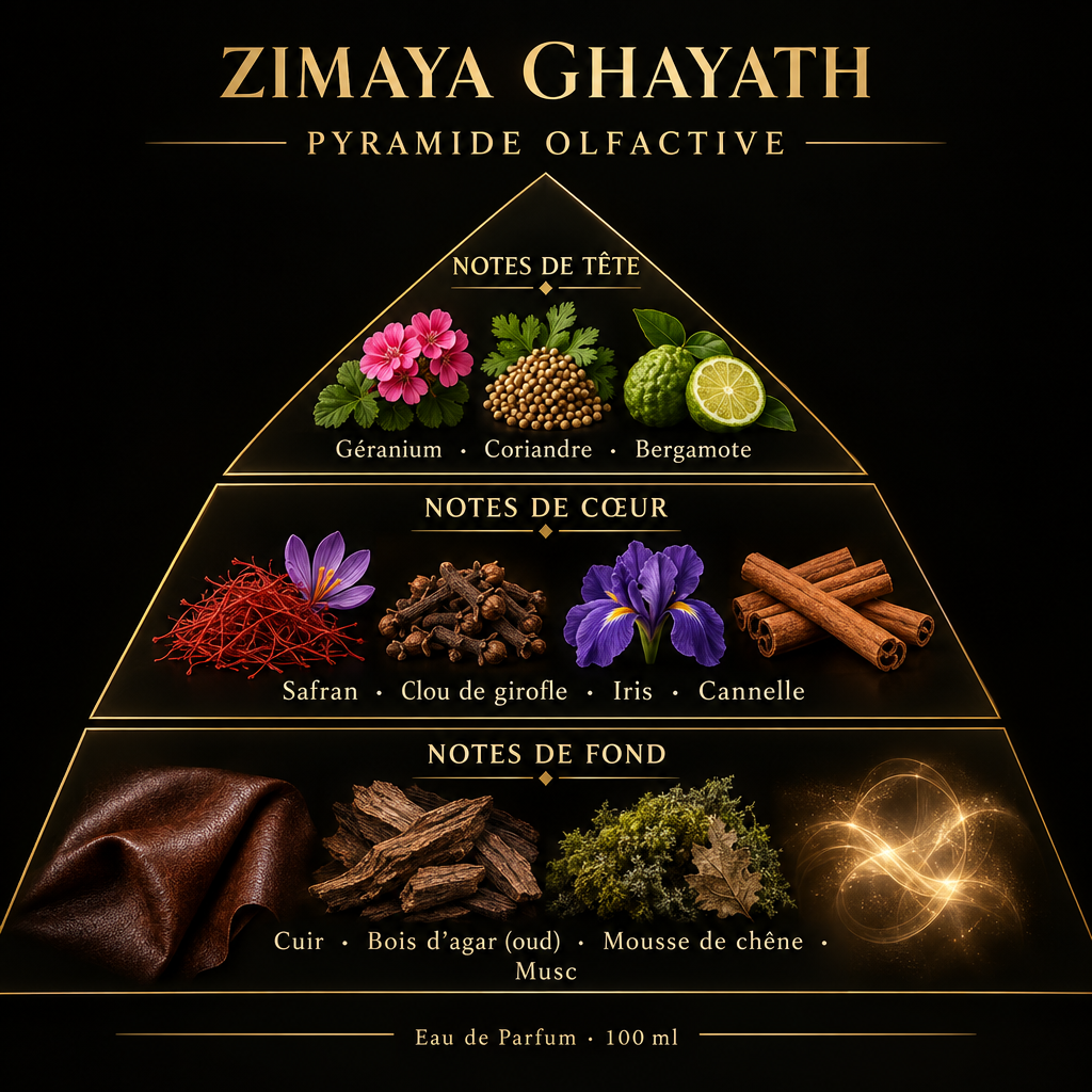 Pyramide olfactive de Zimaya Ghayath – notes de tête, de cœur et de fond