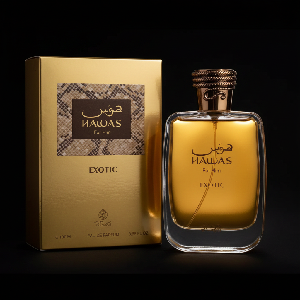 Rasasi Hawas Exotic for Him cinématographique fond noir