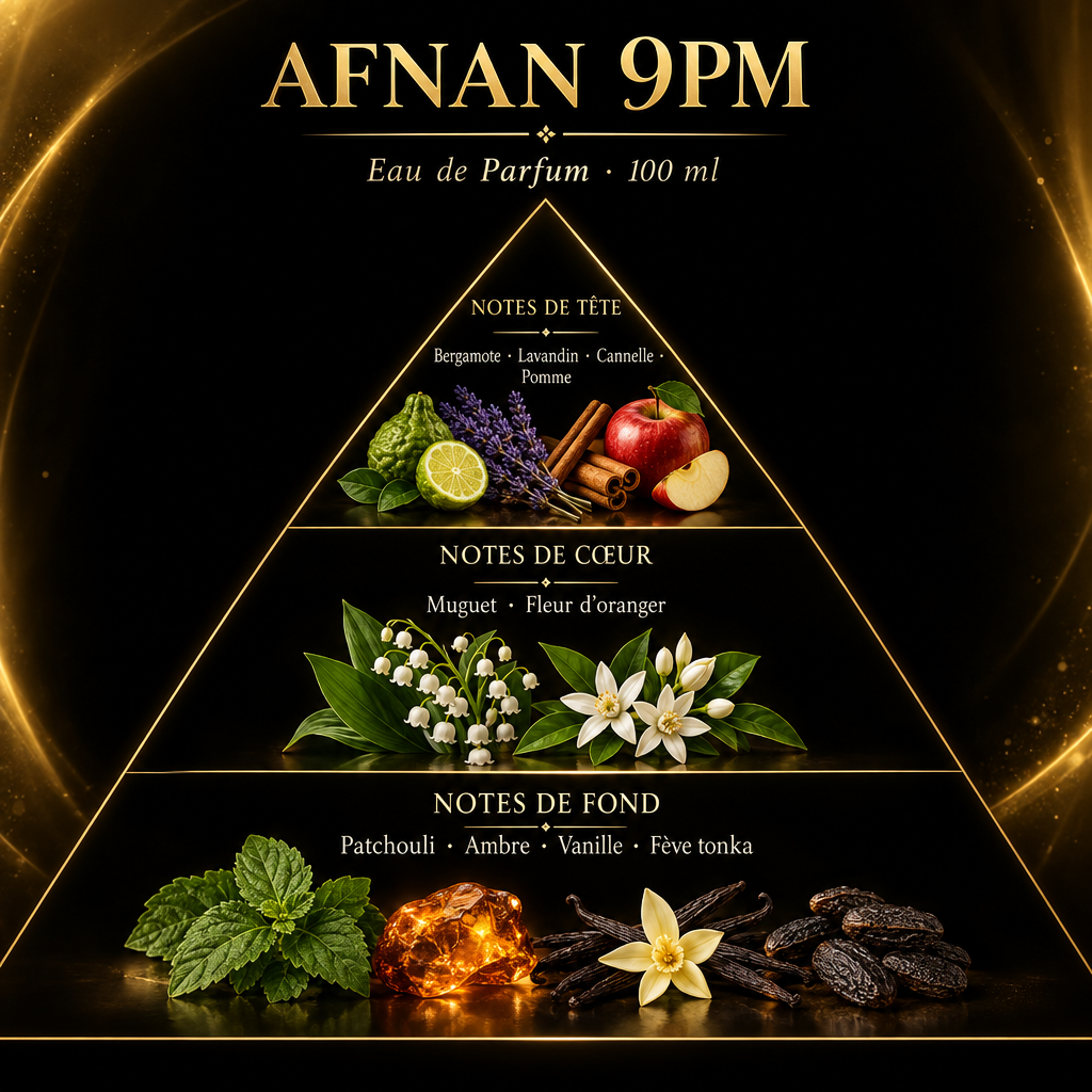 Pyramide olfactive de Afnan 9PM – notes de tête, de cœur et de fond