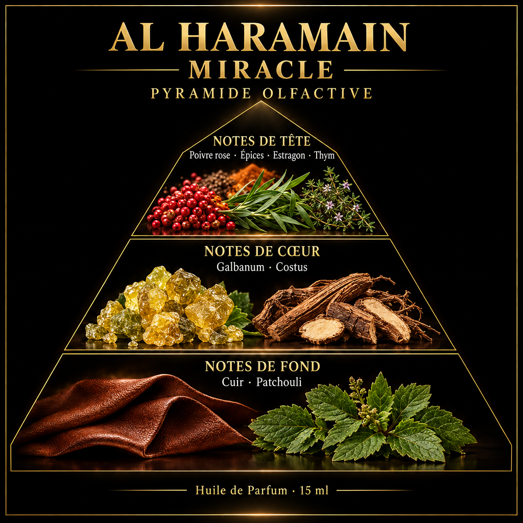 Pyramide olfactive de Al Haramain Miracle – notes de tête, de cœur et de fond