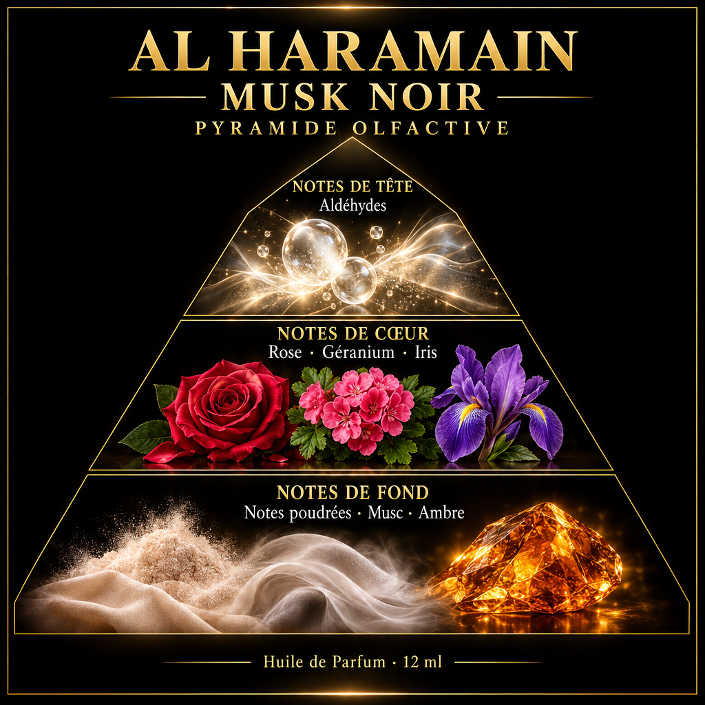 Pyramide olfactive de Al Haramain Musk Noir – notes de tête, de cœur et de fond