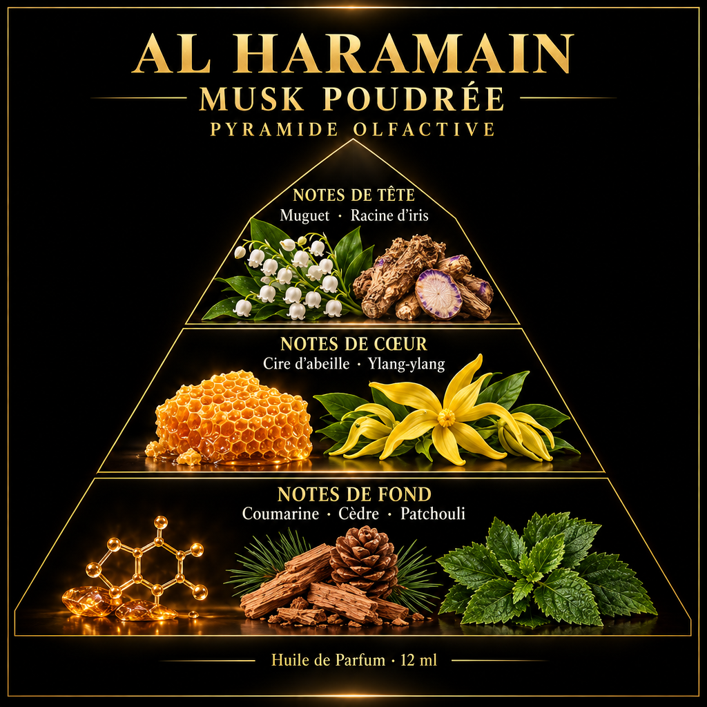Pyramide olfactive de Al Haramain Musk Poudrée – notes de tête, de cœur et de fond
