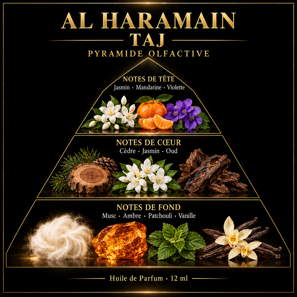 Pyramide olfactive de Al Haramain Taj – notes de tête, de cœur et de fond