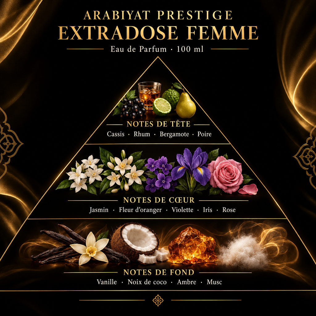 Triangle olfactif d’Arabiyat Prestige Extradose Femme sur fond noir et doré