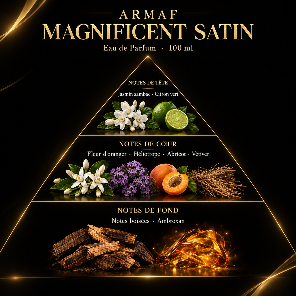 Pyramide olfactive de Armaf Magnificent Satin – notes de tête, de cœur et de fond